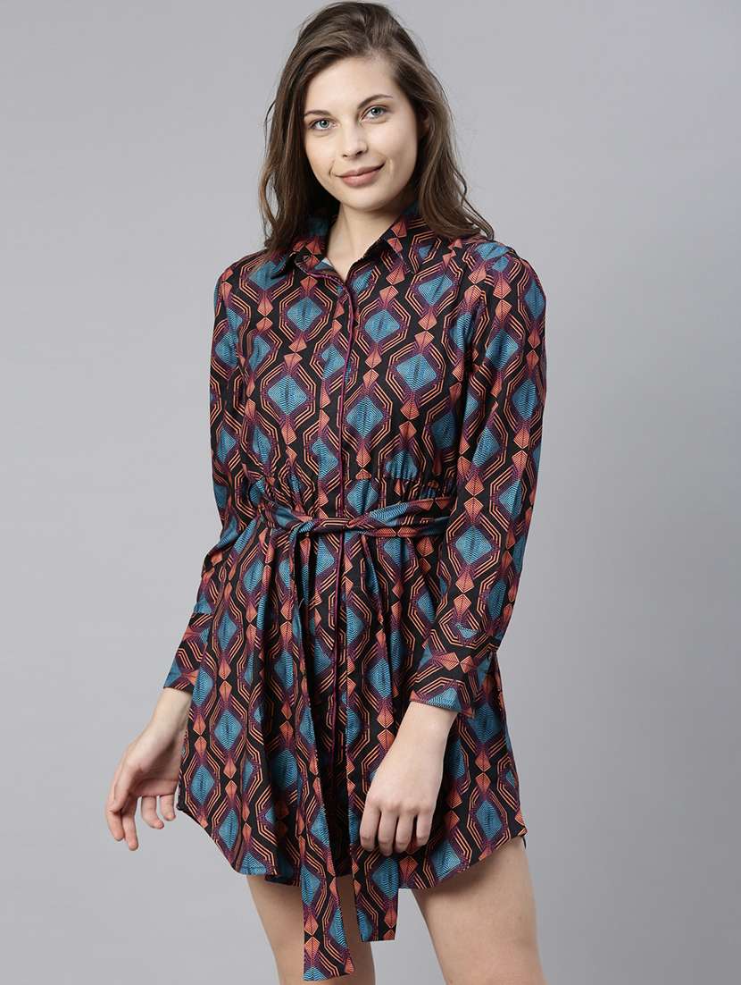 tie front abstract shirt dress
