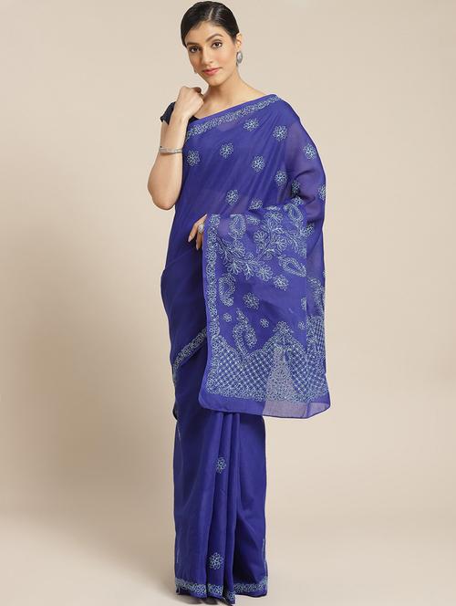 ada hand-embroidered blue chikankari saree with blouse - 17774163 - Standard Image - 0