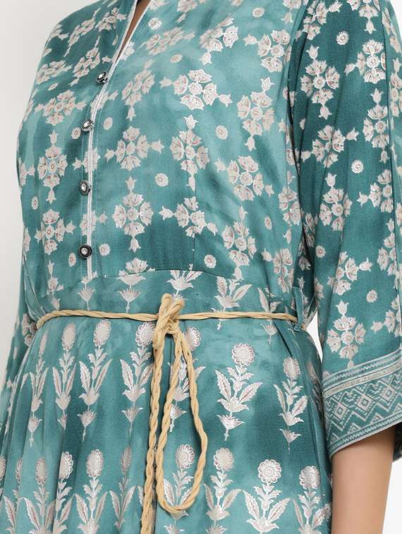 teal printed flared ethnic dress - 17778113 -  Standard Image - 3