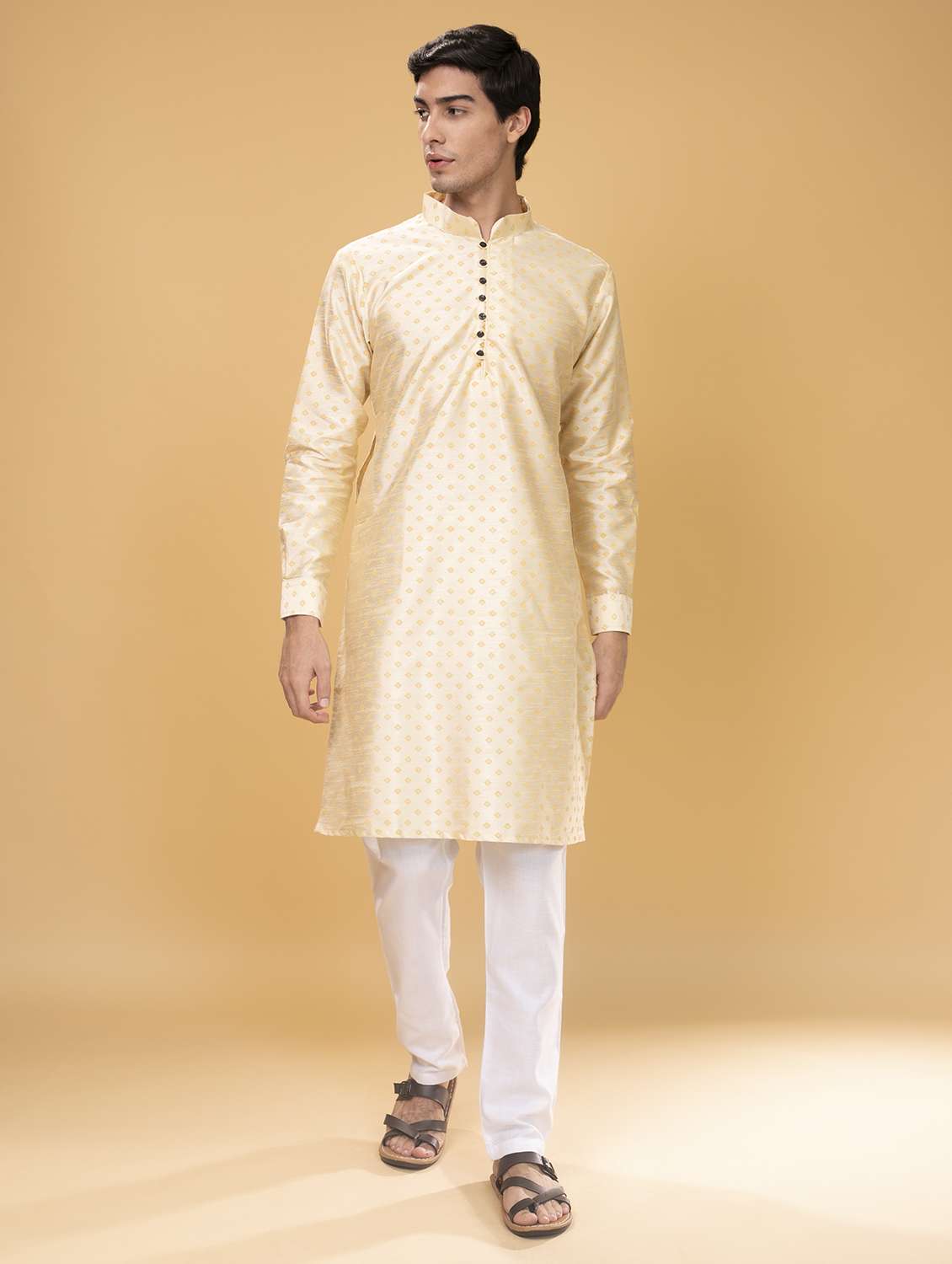 beige printed silk blend long kurta