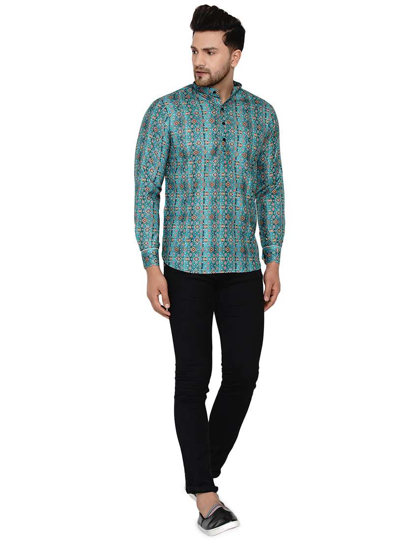 men blue printed long sleeve short kurta - 17779411 -  Standard Image - 3