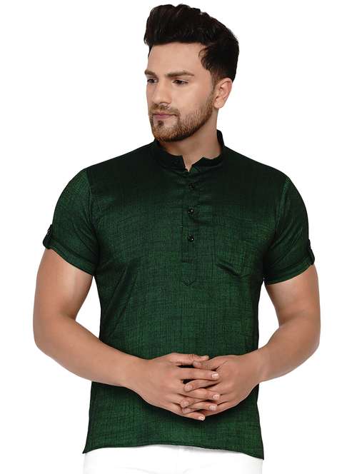 bottle-green solid short kurta - 17779422 - Standard Image - 0