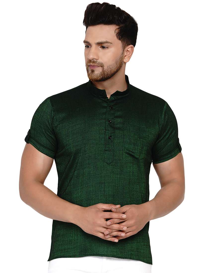 bottle-green solid short kurta