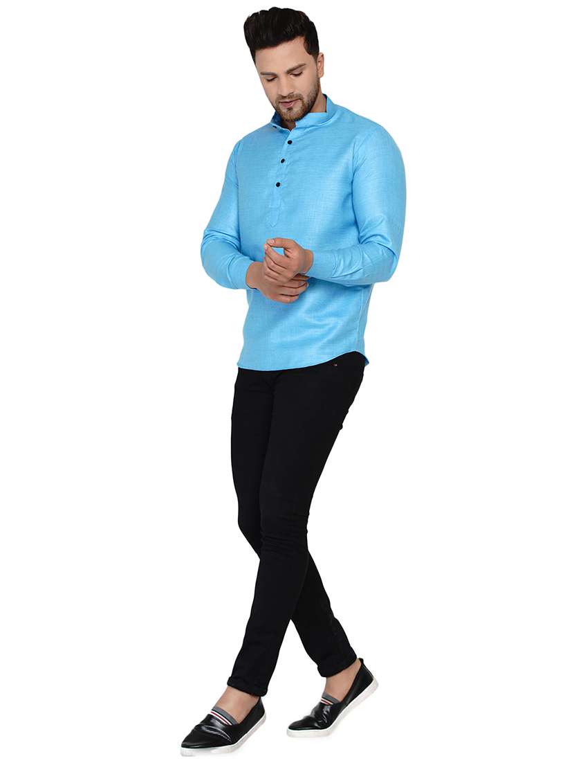 blue solid short kurta - 17779454 -  Standard Image - 3