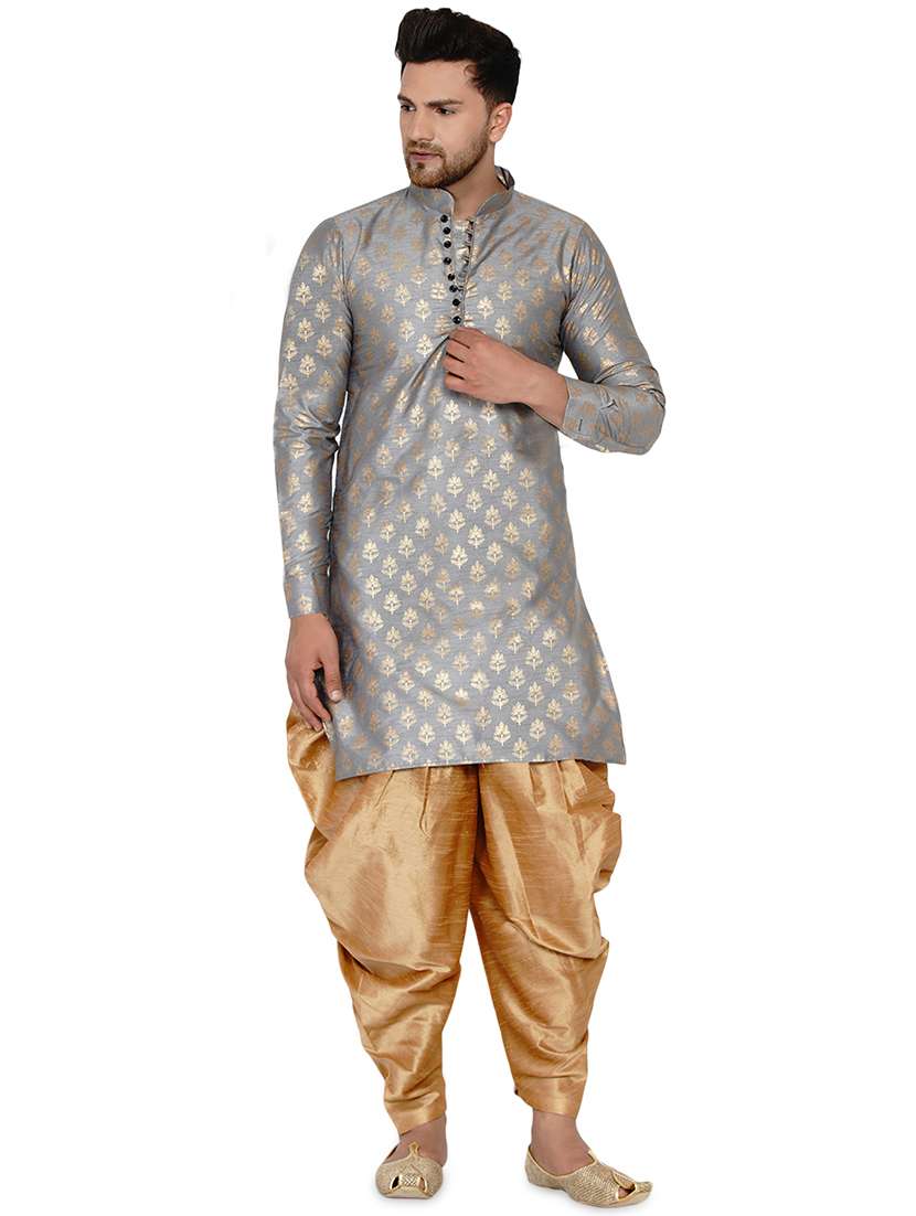 grey printed silk blend long kurta