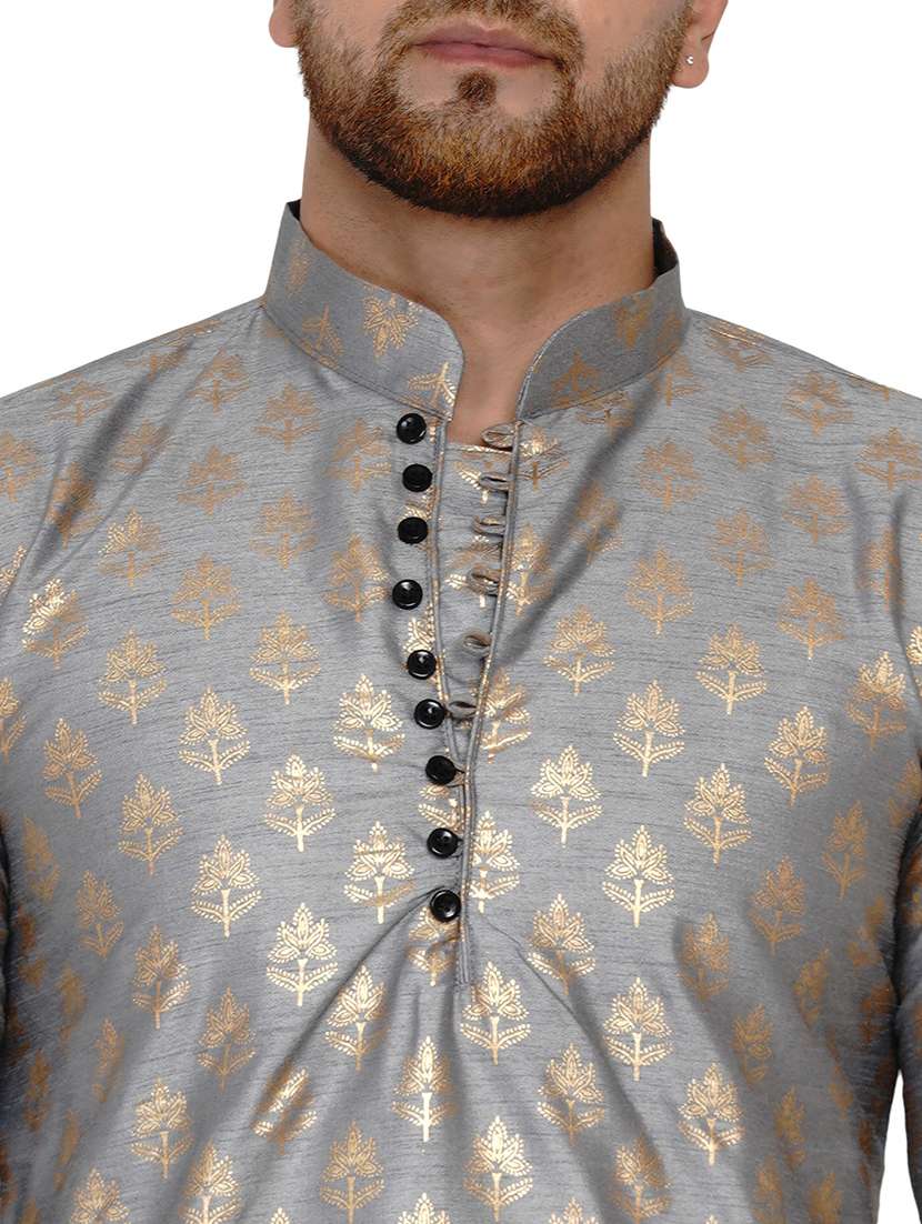 grey printed silk blend long kurta - 17779465 -  Standard Image - 3