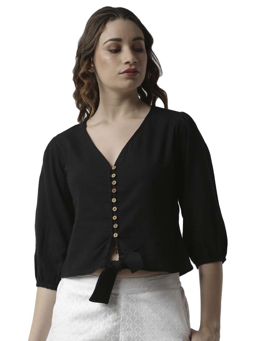 tie front solid crop top - 17780214 - Zoom Image - 0