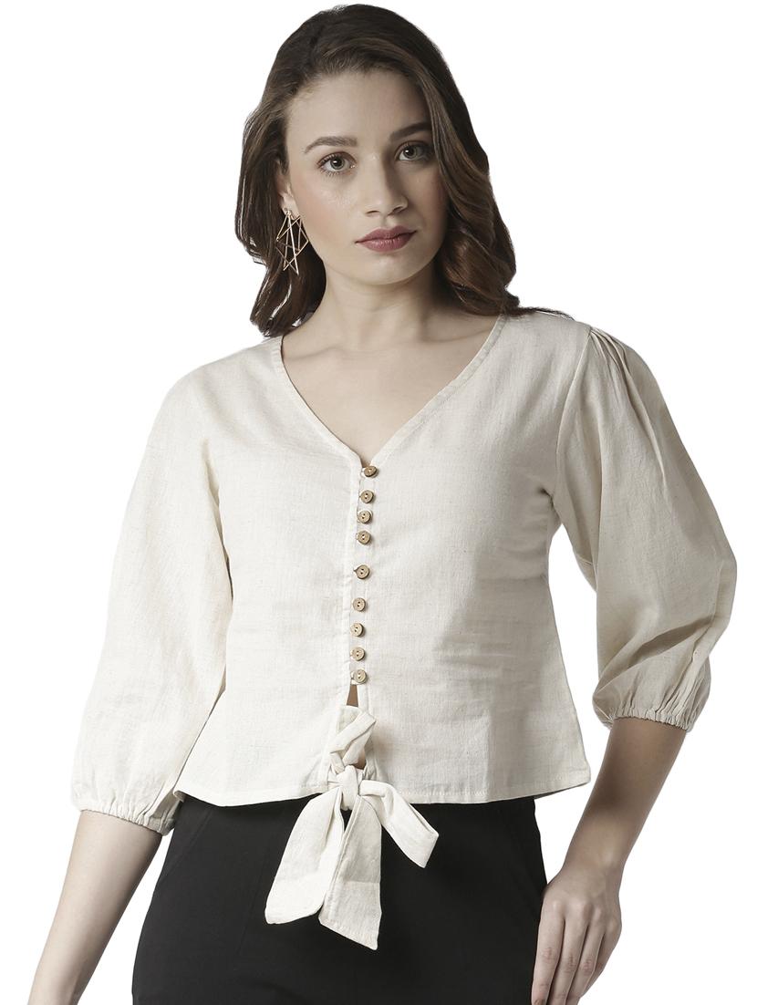 tie front solid crop top - 17780216 - Zoom Image - 0