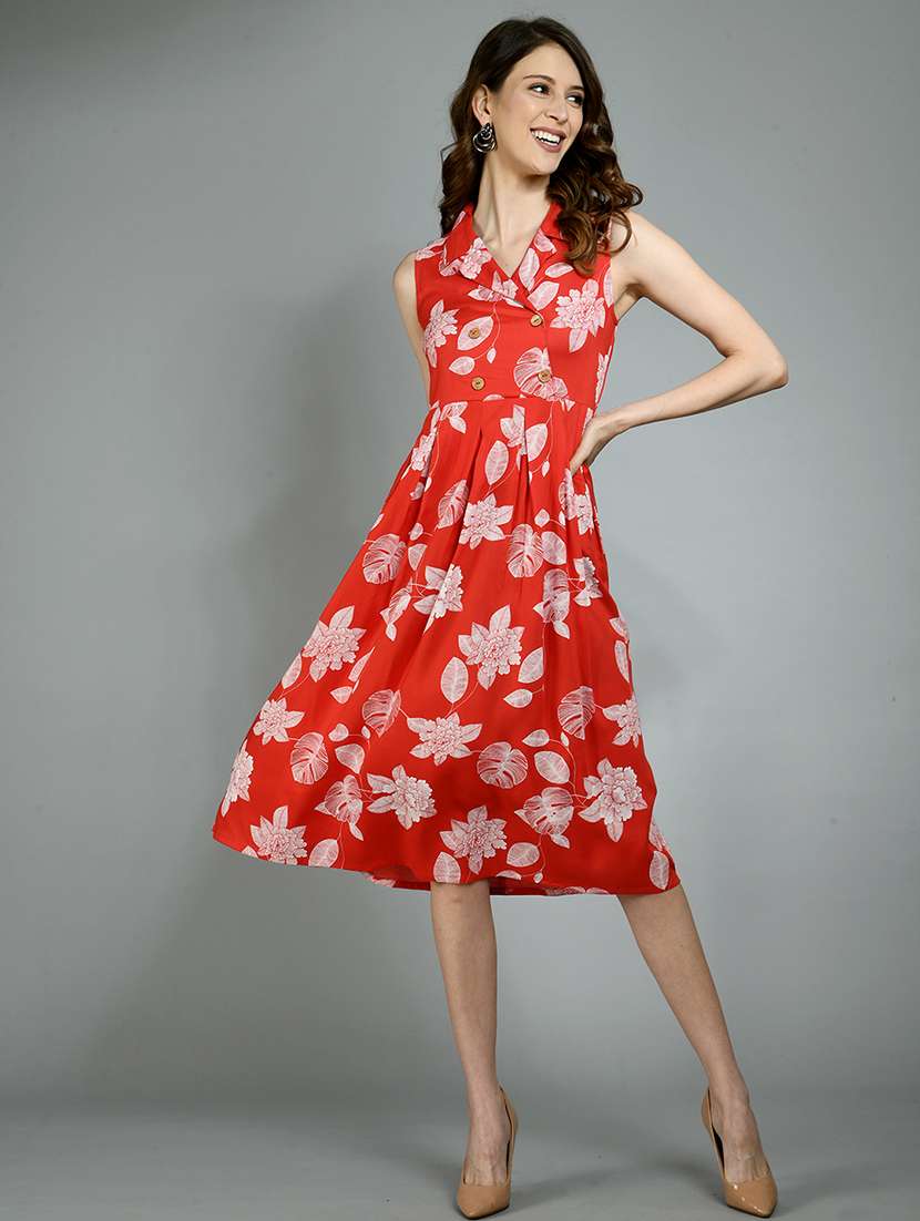 lapel neck floral fit & flare dress