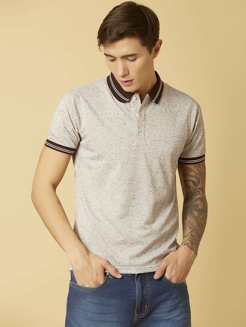 beige self design polo t-shirt
