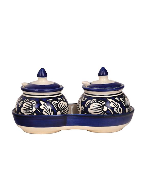 craftghar pickle jar set (ceramic 2 jars with lids, 2 spoons, 1 tray,blue) dinning table storage container - 17784614 - Zoom Image - 0