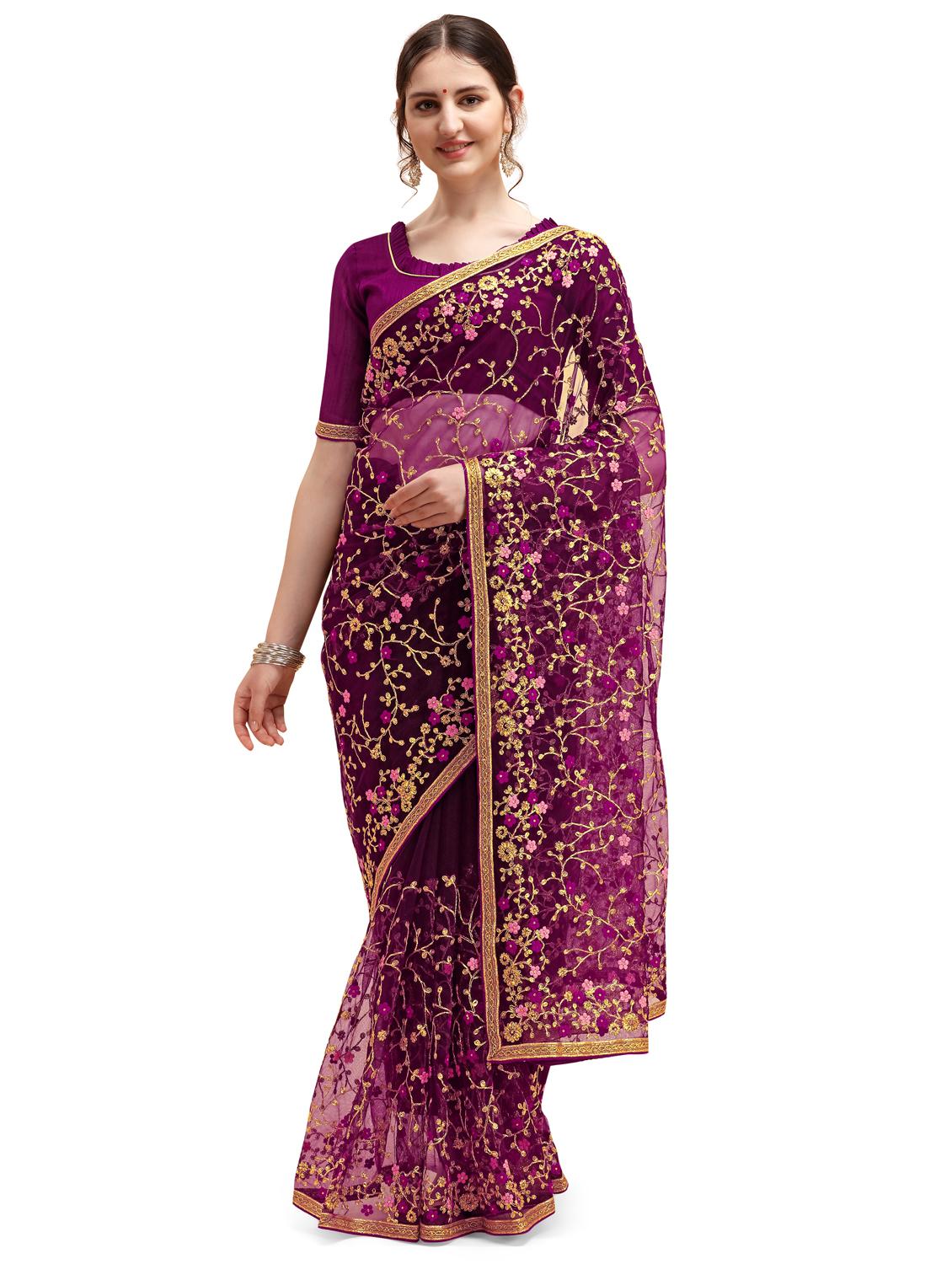lace bordered embroidered saree with blouse - 17784746 - Zoom Image - 0