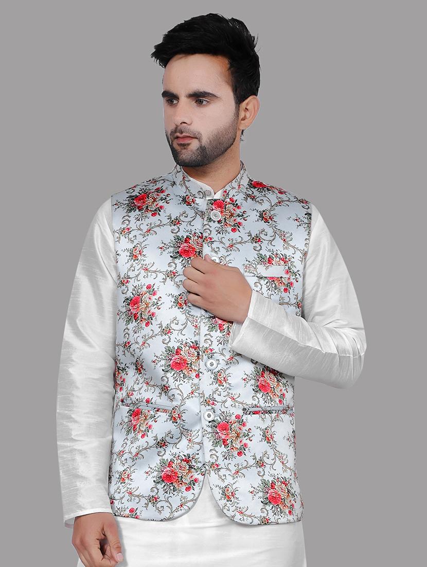 light blue floral satin nehru jacket - 17790183 - Zoom Image - 0