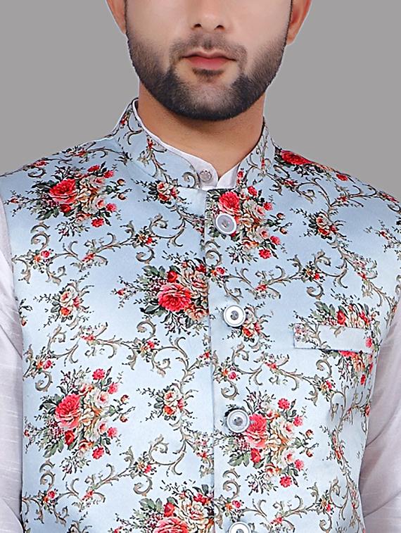 light blue floral satin nehru jacket - 17790183 - Standard Image - 3
