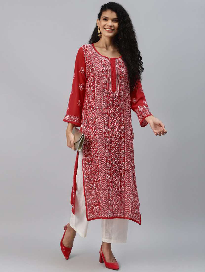 notch neck red chikankari kurta