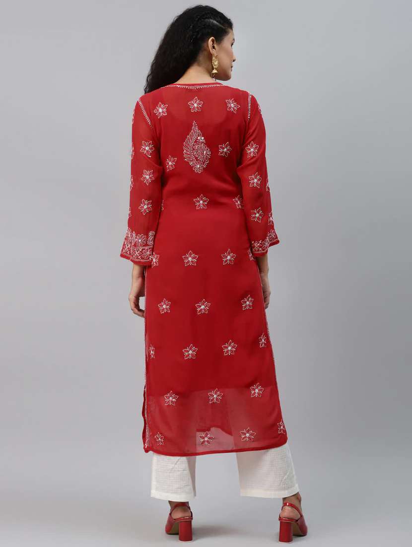 notch neck red chikankari kurta - 17790406 -  Standard Image - 3