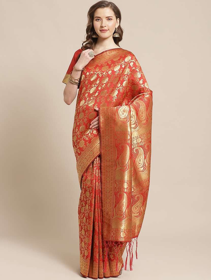 women's self design red colored saree with blouse