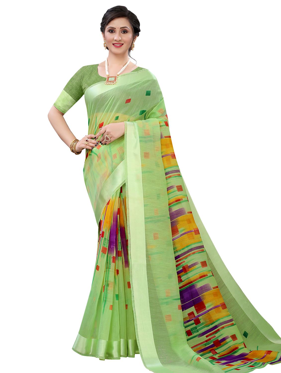 green linen saree with blouse - 17794935 -  Zoom Image - 0