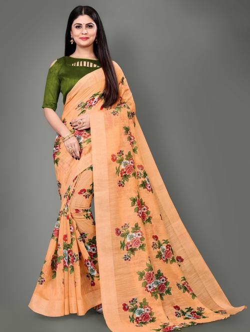 orange linen saree with blouse - 17794939 - Standard Image - 0