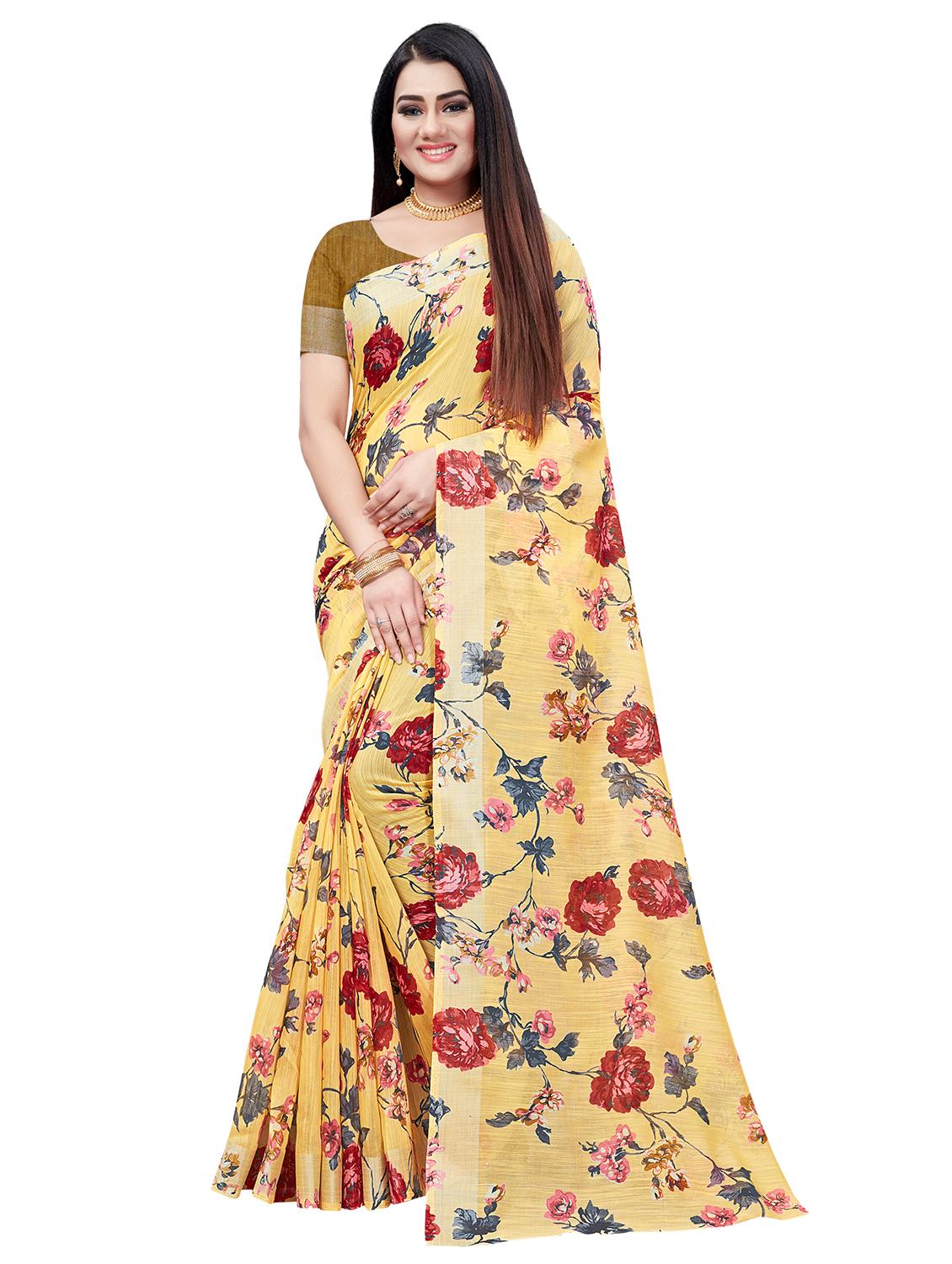 yellow linen saree with blouse - 17794959 - Zoom Image - 0