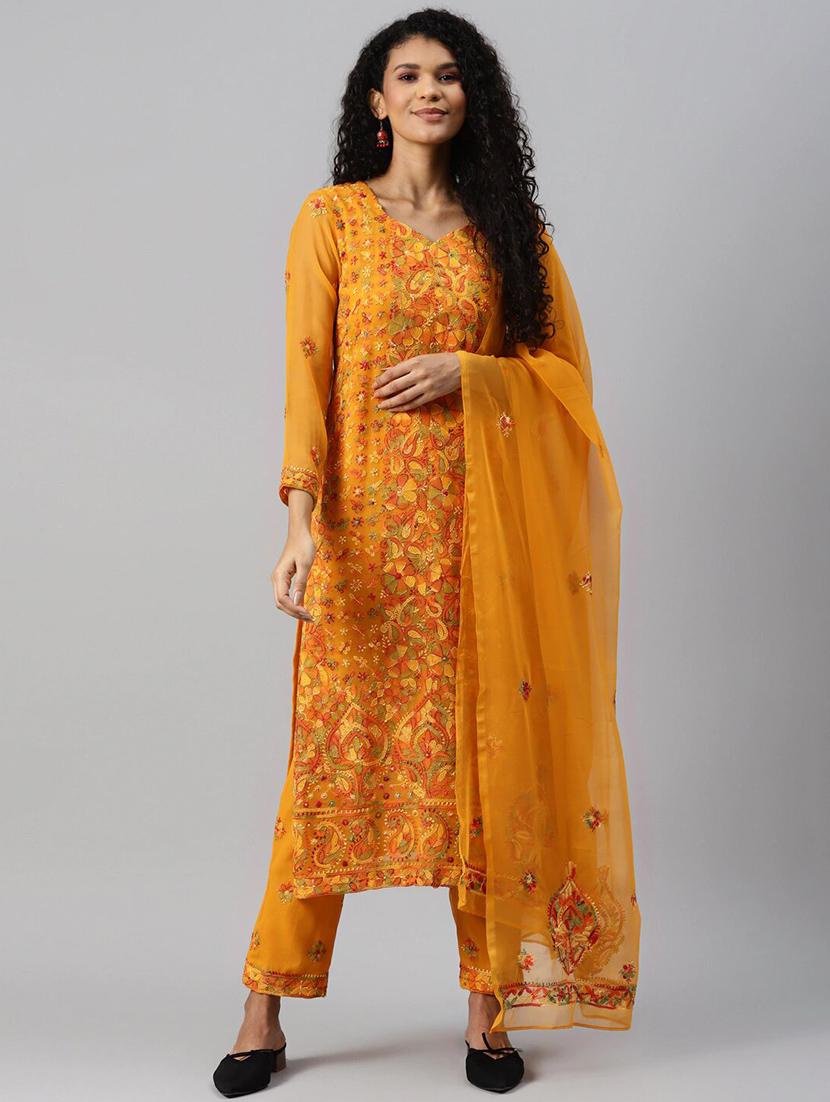 ada hand-embroidered mustard unstitched suit - 17797451 -  Zoom Image - 0