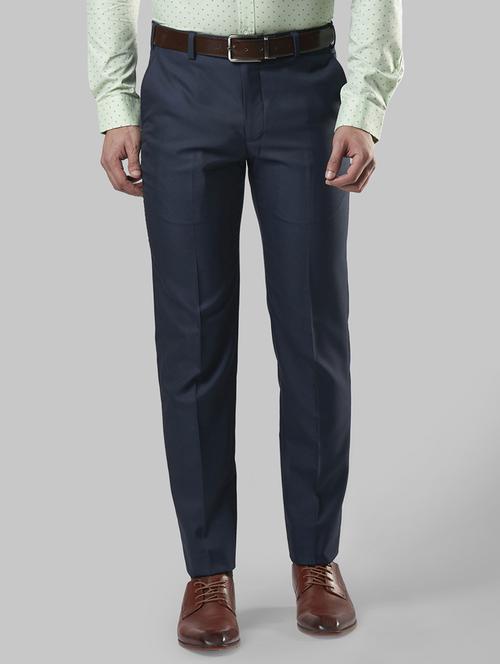 navy blue textured flat front formal trouser - 17799455 -  Standard Image - 0