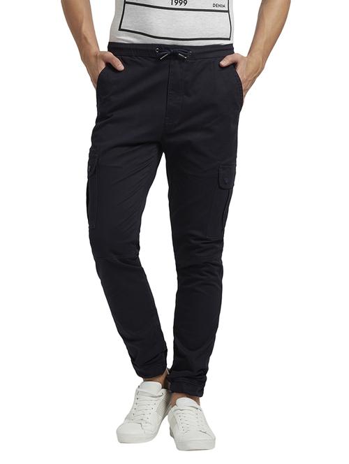 navy blue solid flat front casual trouser with drawstring - 17799535 - Standard Image - 0