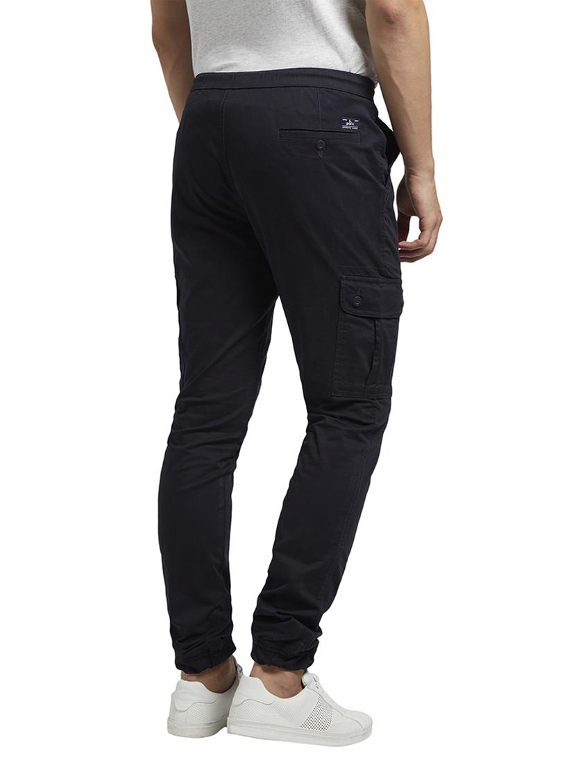 navy blue solid flat front casual trouser with drawstring - 17799535 - Standard Image - 3