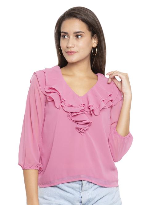 v-neck solid ruffle top - 17801800 - Standard Image - 0