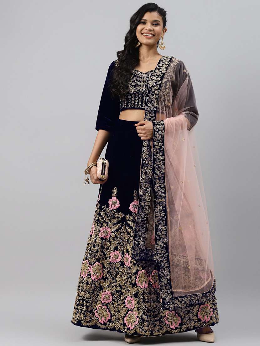 Buy online Navy Blue Velvet Flared Lehenga from ethnic wear for