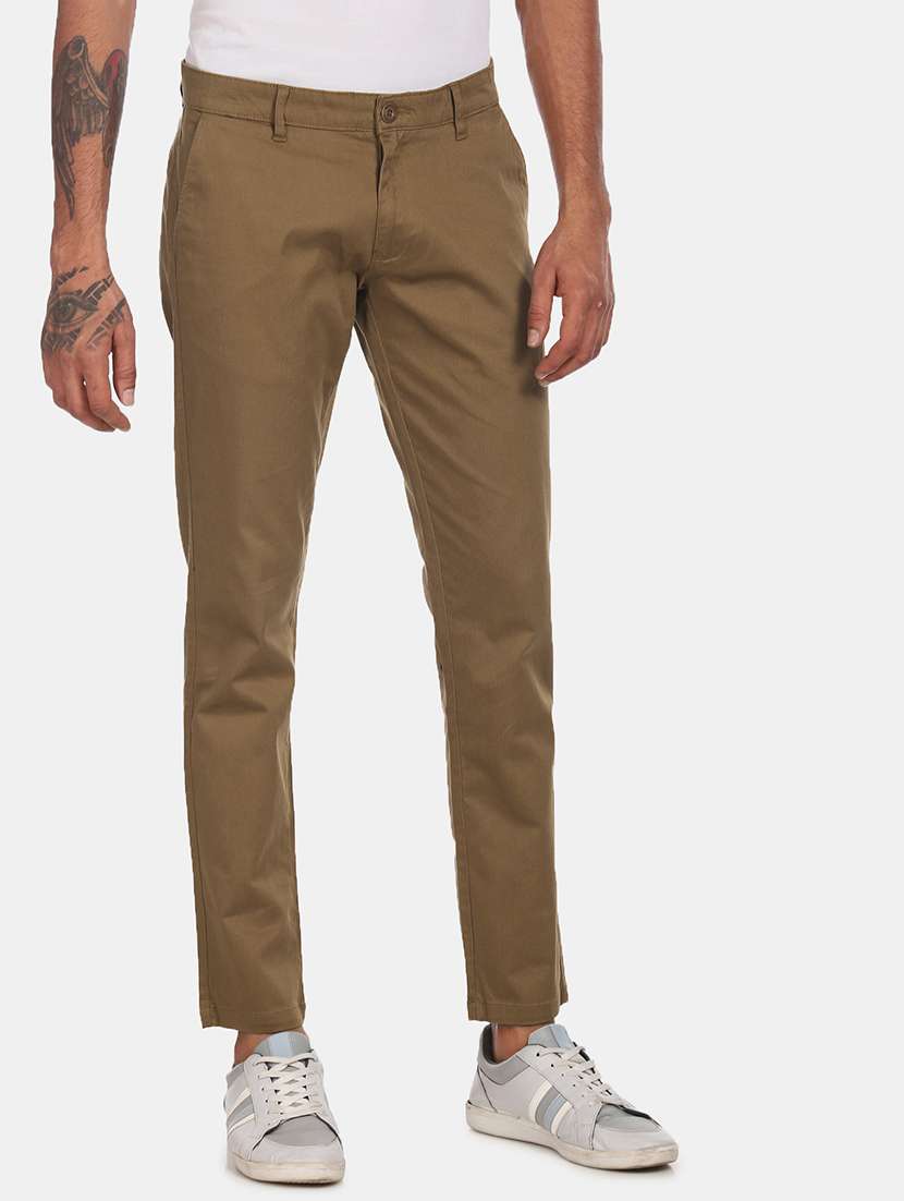 brown textured flat front casual trouser