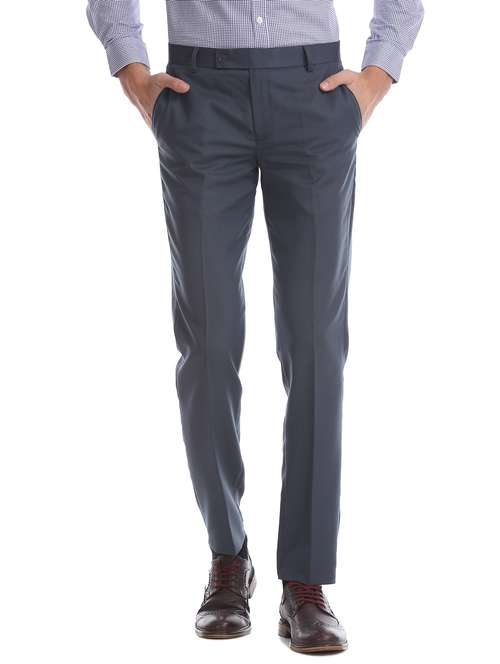 navy blue textured flat front formal trouser - 17816954 -  Standard Image - 0