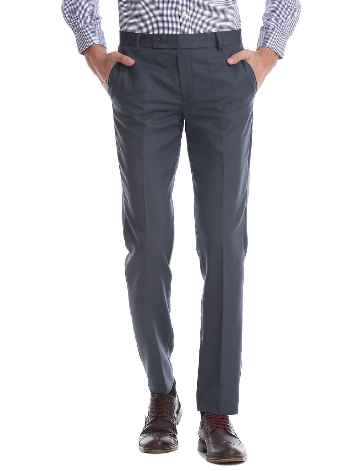 navy blue textured flat front formal trouser - 17816954 -  Zoom Image - 0