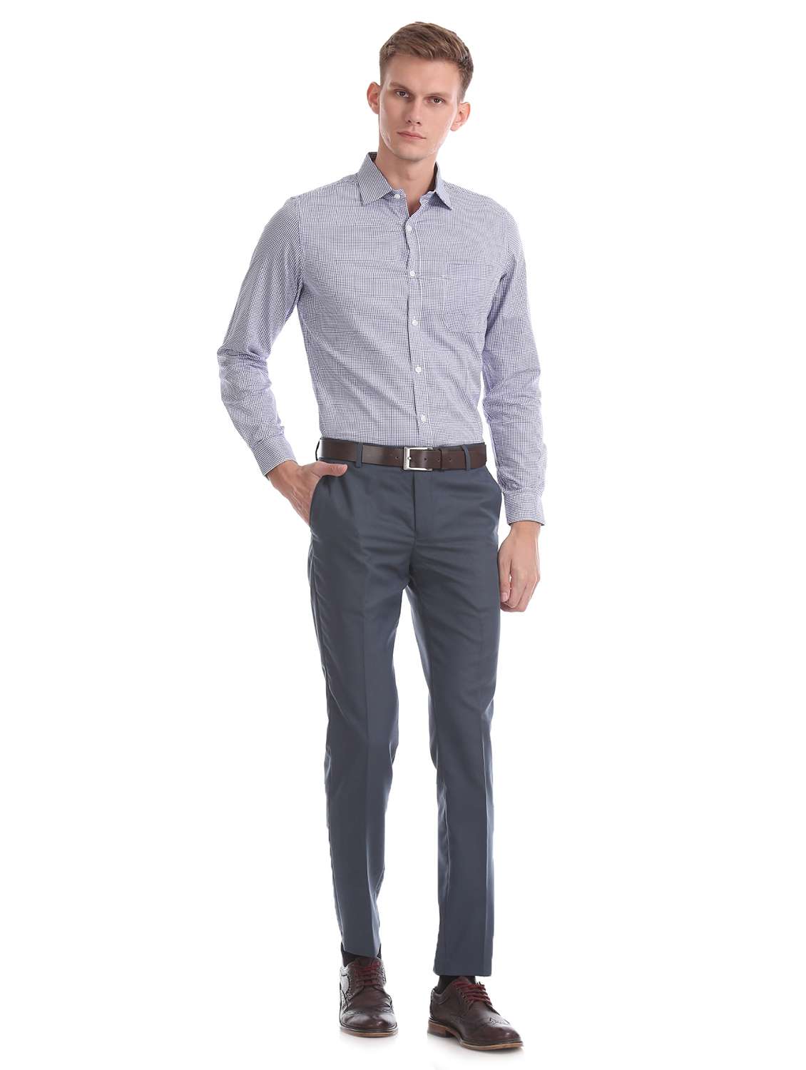 navy blue textured flat front formal trouser - 17816954 - Standard Image - 3