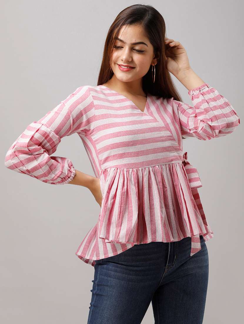 Buy online Tie Front Striped Peplum Top from western wear for