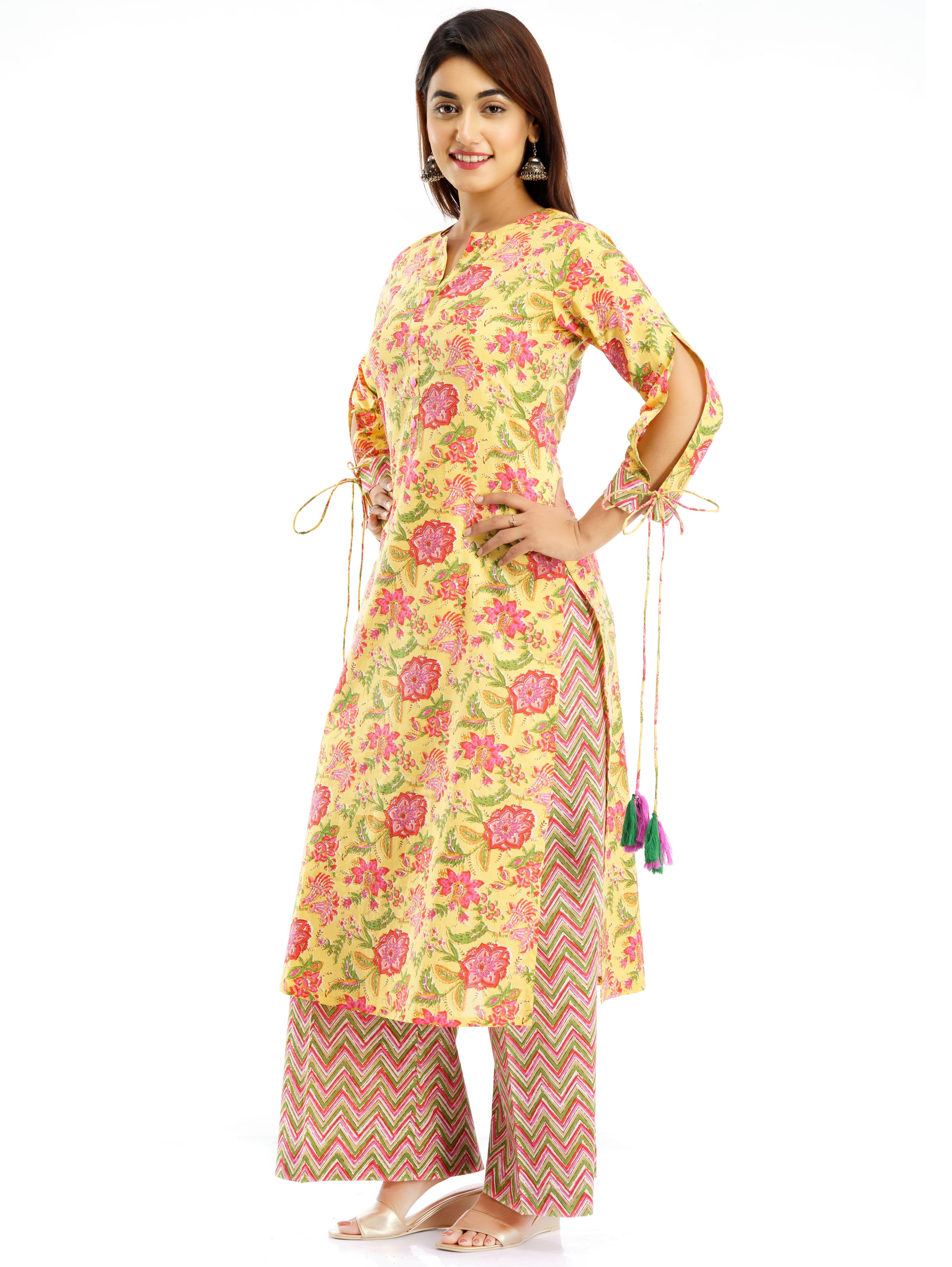 cotton floral print straight kurta palazzo set - 17834992 - Standard Image - 3