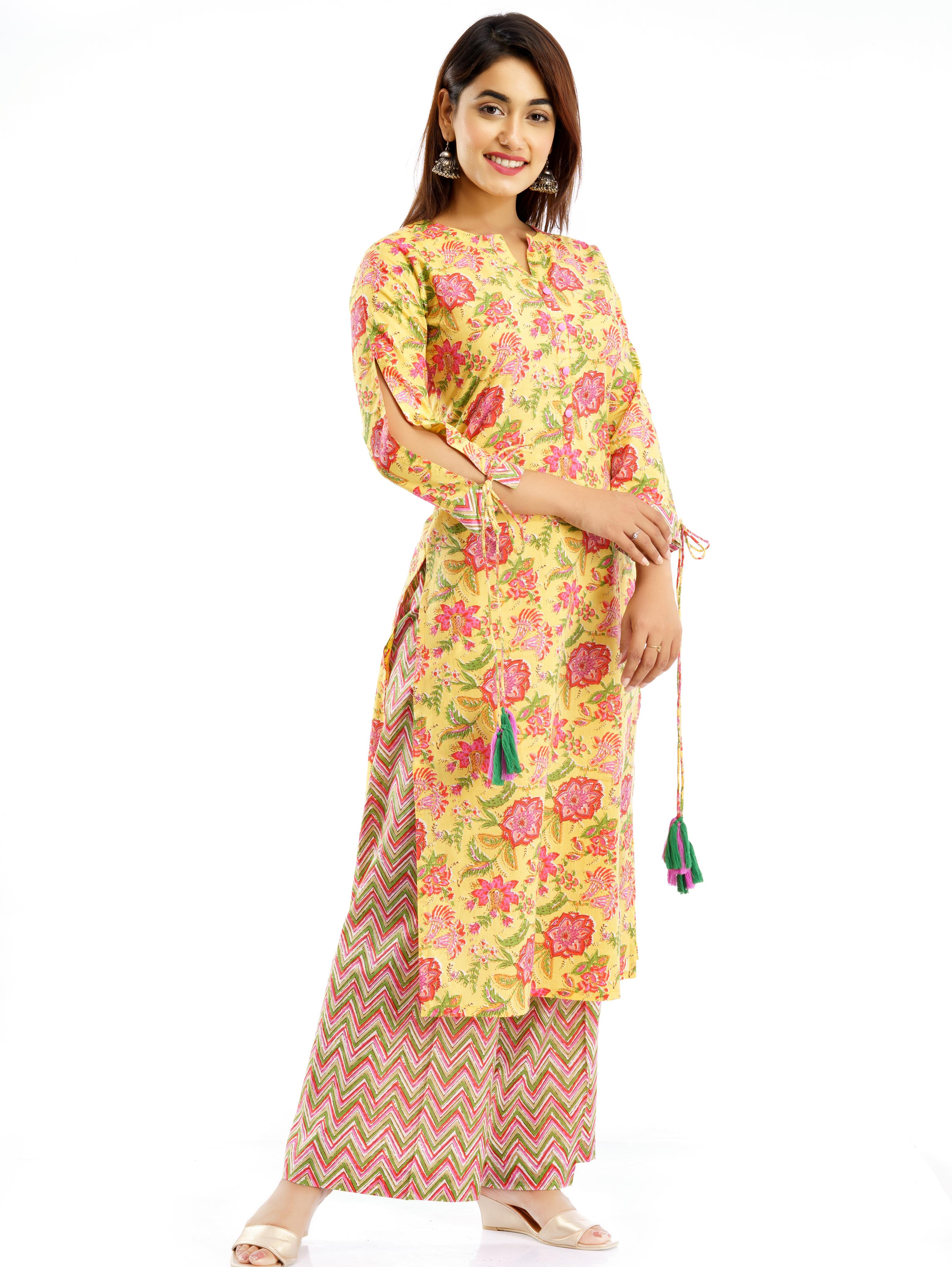 cotton floral print straight kurta palazzo set - 17834992 - Standard Image - 5