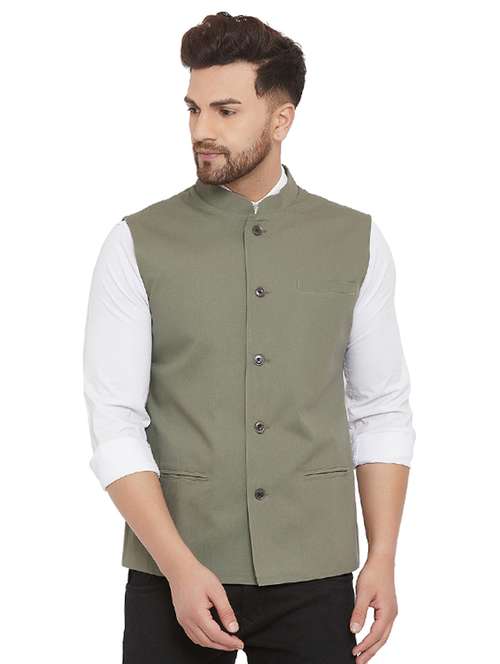 olive green solid nehru jacket - 17841125 -  Standard Image - 0