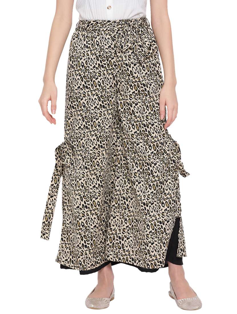 Printed Flat Front Wide Leg Trouser