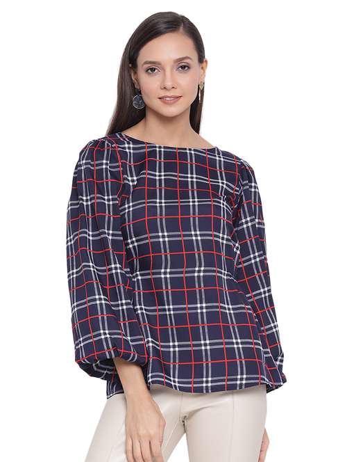round neck checkered top - 17843720 - Standard Image - 0