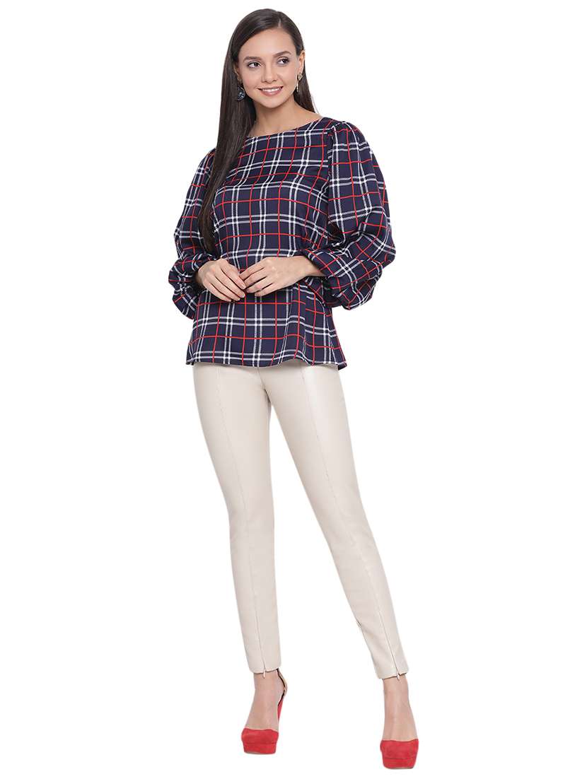 round neck checkered top - 17843720 - Standard Image - 3