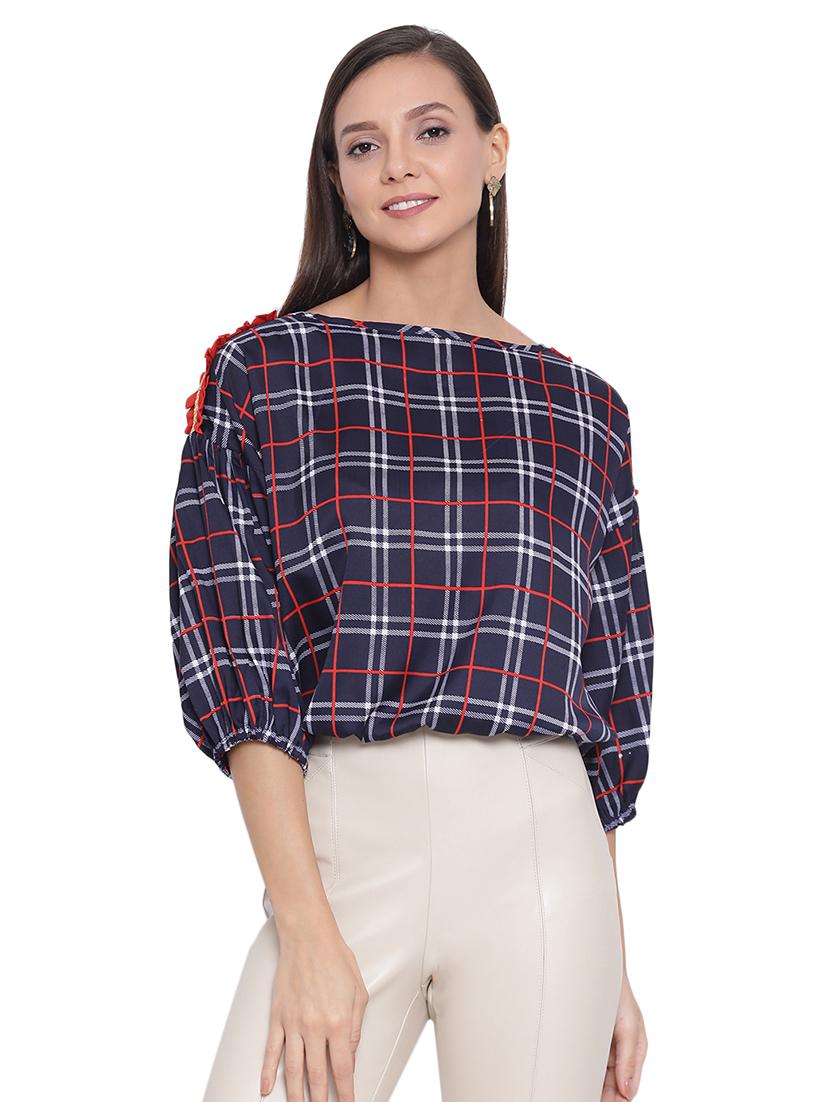 boat neck checkered top - 17843723 - Zoom Image - 0