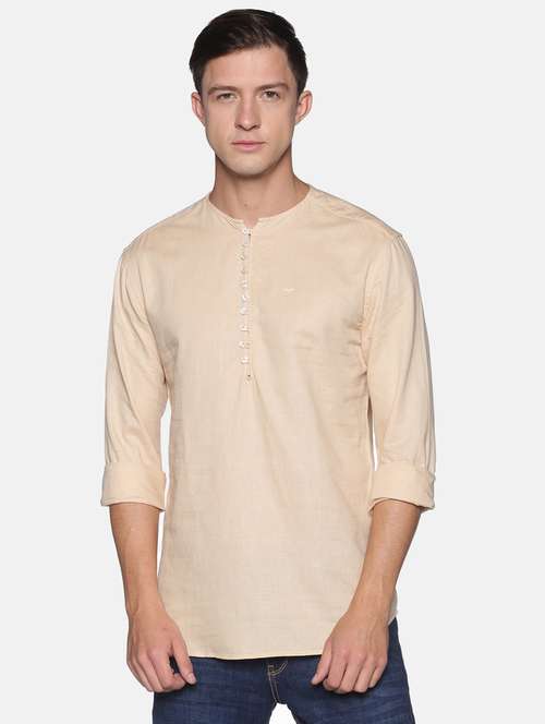 beige solid linen short kurta - 17844328 -  Standard Image - 0
