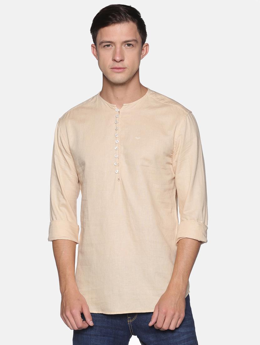 beige solid linen short kurta