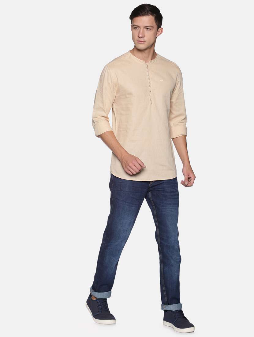 beige solid linen short kurta - 17844328 -  Standard Image - 3