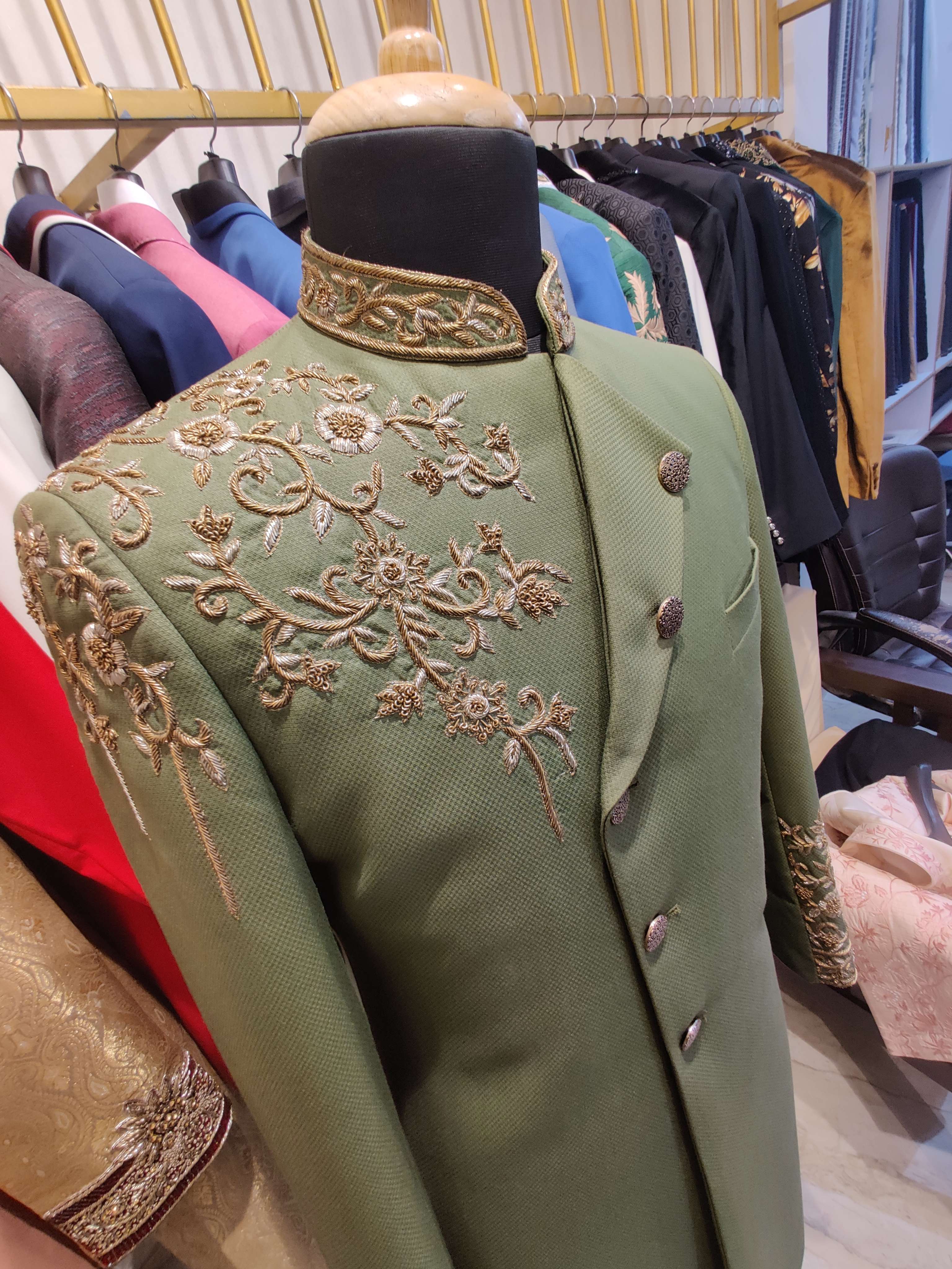 olive sherwani + pant cut - 17844478 - Zoom Image - 0