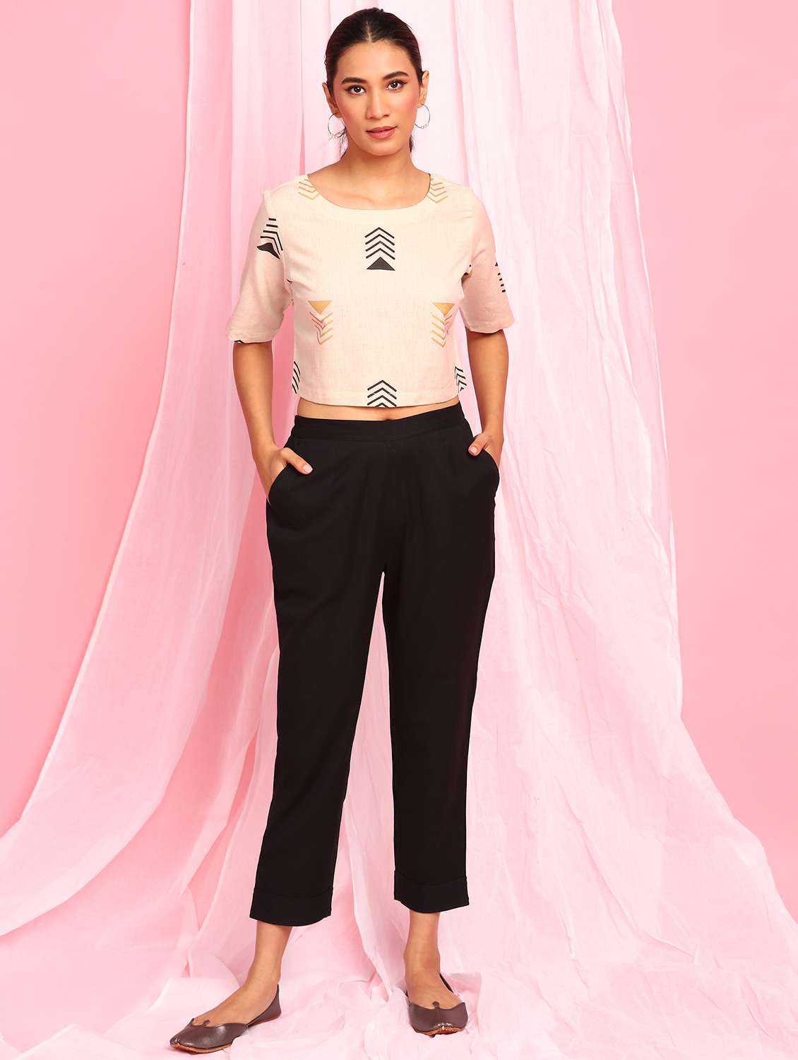 cream cotton blend top pants  set
