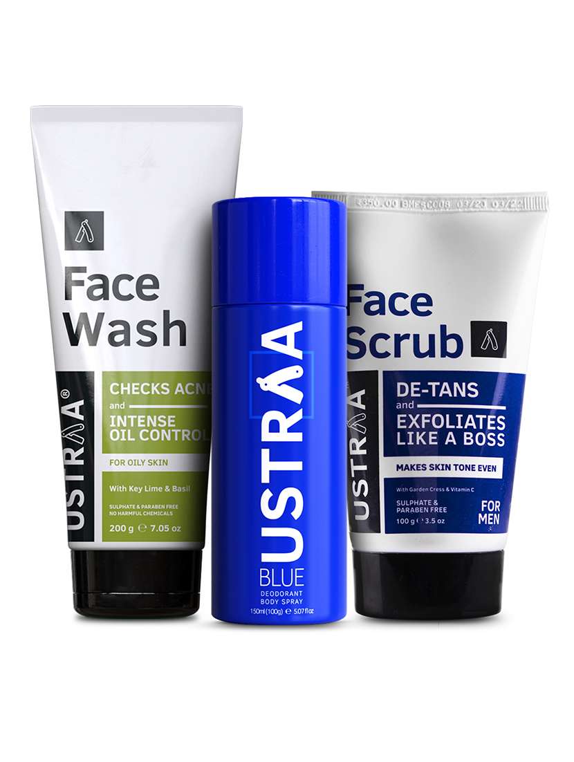 Ustraa Blue Deodorant   150 Ml, Face Wash Oily Skin   200 G & De Tan Face Scrub   100g