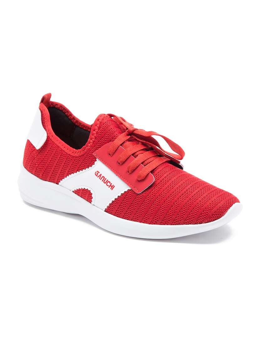 red mesh laceup sports shoes