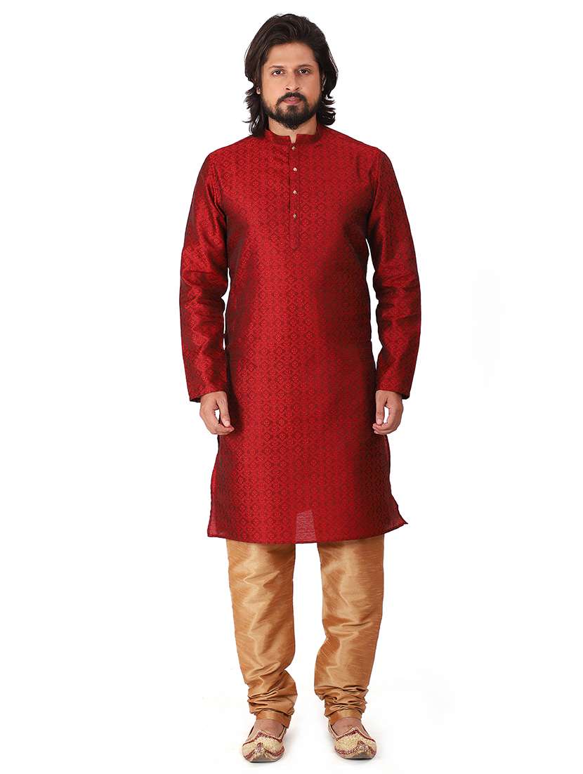 maroon jacquard kurta pyjama set - 17854159 -  Zoom Image - 0